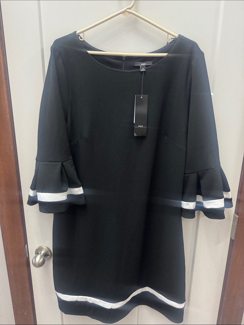 R&K Black Shift Dress with White Trim and Tiered Bell Sleeves